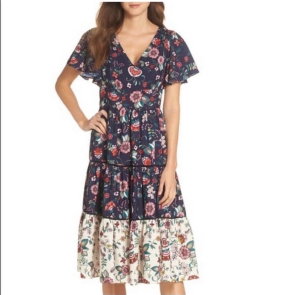 Eliza J flutter sleeves fit and flare tiered floral dress